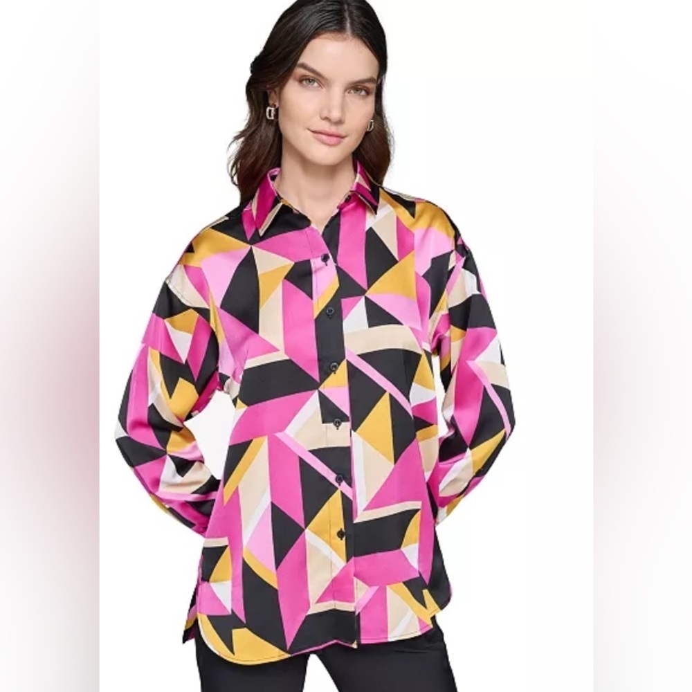 KARL LAGERFELD PARIS Women's Oversized Printed Graphic Button-Down Top Sz XL